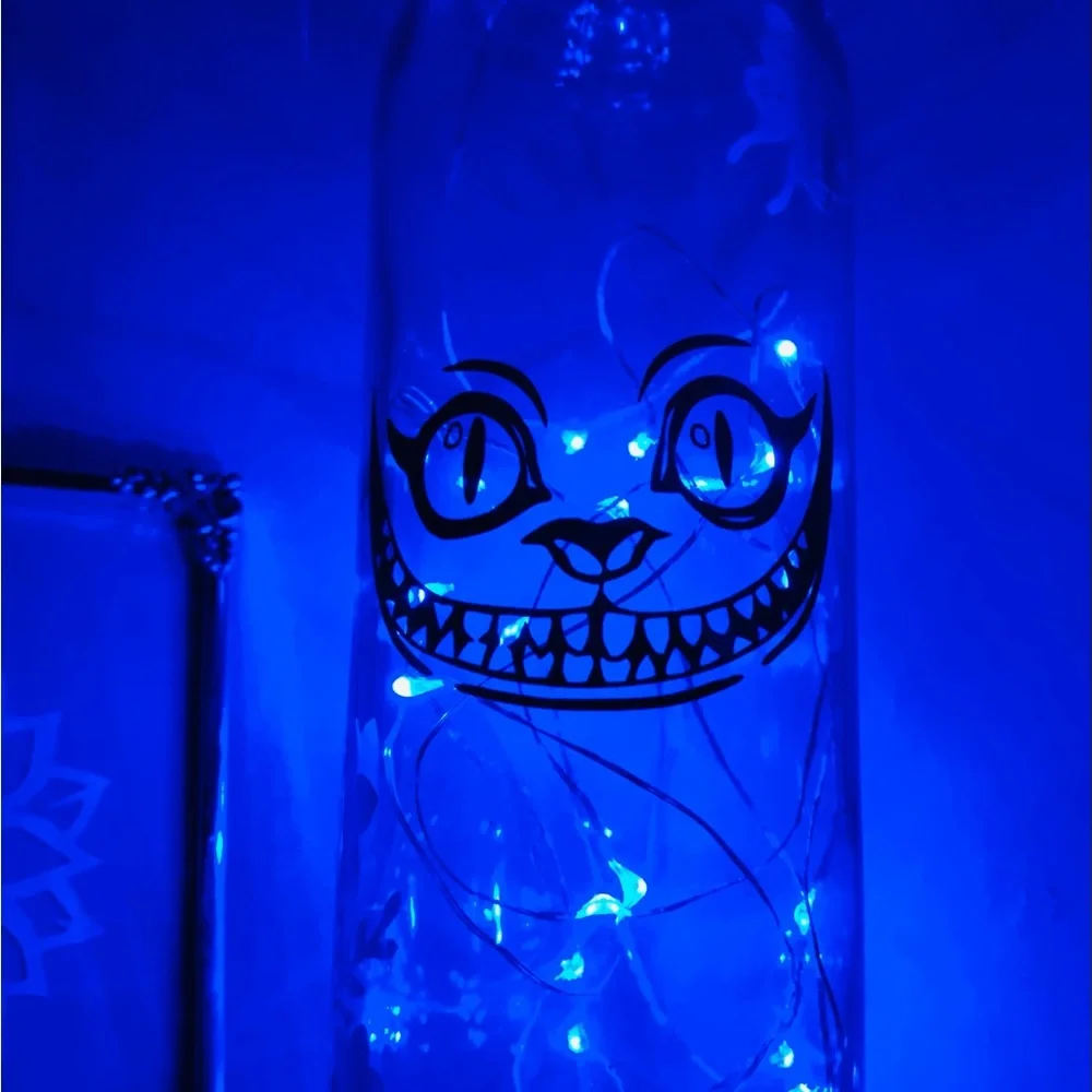 Hand Crafted- Cheshire Cat Smile wine bottle lantern